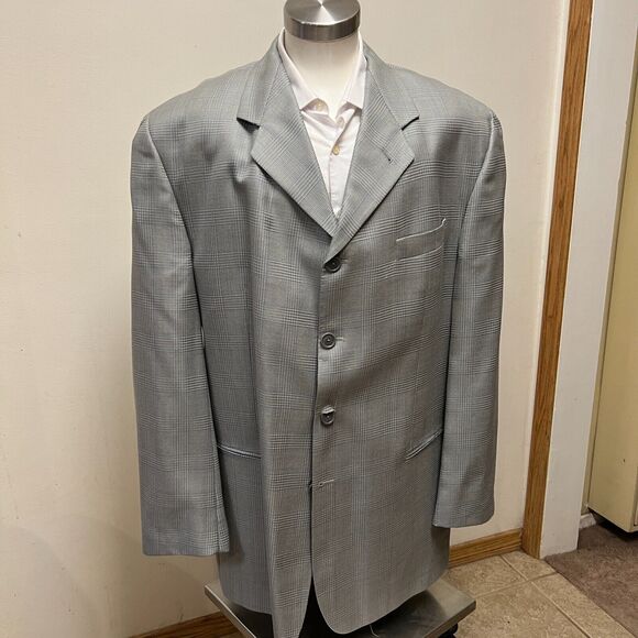 EVERETT HALL Gray Blue Plaid Windowpane 48L Wool Silk Big n Tall Italy - Picture 1 of 10